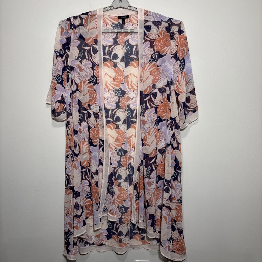 Torrid Chiffon Hi Lo Hem Duster Kimono Breezy Light Cover Up Pink Floral 2X